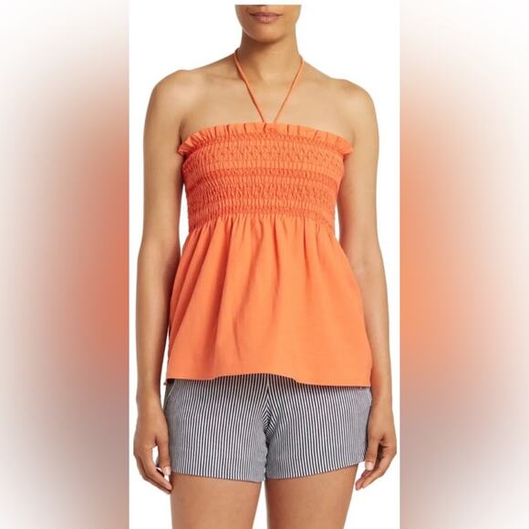 NWT Trina Turk Sofi Smocked Halter Top Orange Heatwave Size Medium - Picture 2 of 10